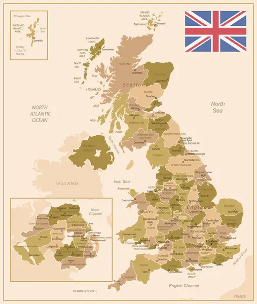 Reino Unido Mapa Vintage Del País Colores Marrón Verde Ilustración — Archivo Imágenes Vectoriales