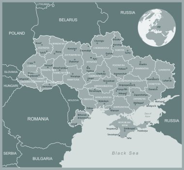 Ukrayna - idari bölümler ülkesinin detaylı haritası. Vektör illüstrasyonu