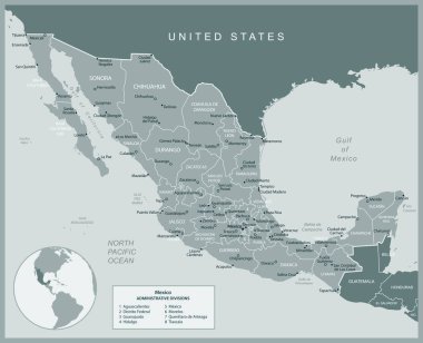 Meksika - idari bölümler ülkesinin detaylı haritası. Vektör illüstrasyonu
