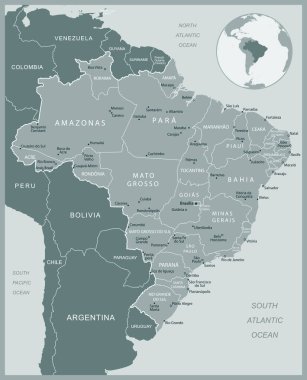 Brezilya - idari bölümler ülkesinin detaylı haritası. Vektör illüstrasyonu