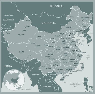 Çin - idari bölümler ülkesinin detaylı haritası. Vektör illüstrasyonu