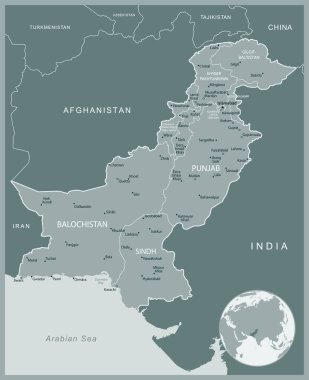 Pakistan - idari bölümler ülkesinin detaylı haritası. Vektör illüstrasyonu