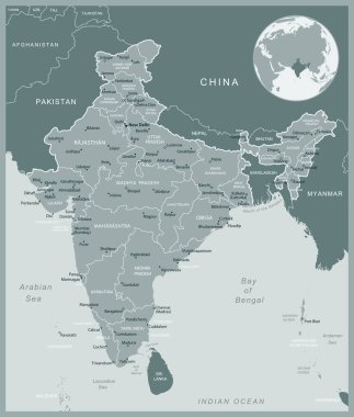 Hindistan - idari bölümler ülkesinin detaylı haritası. Vektör illüstrasyonu