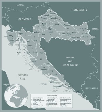 Hırvatistan - idari bölümler ülkesinin ayrıntılı haritası. Vektör illüstrasyonu