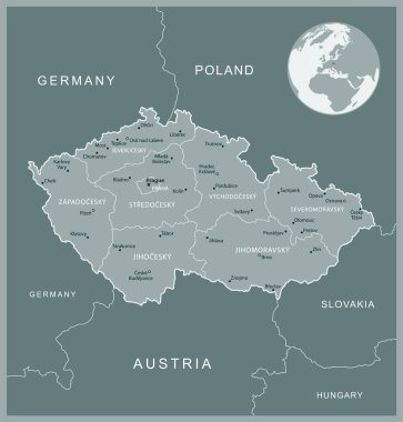 Çek Cumhuriyeti - idari bölümler ülkesinin detaylı haritası. Vektör illüstrasyonu