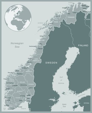 Norveç - idari bölümler ülkesinin detaylı haritası. Vektör illüstrasyonu