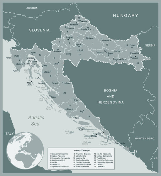 Хорватия - подробная карта с административным делением страны. Векторная иллюстрация