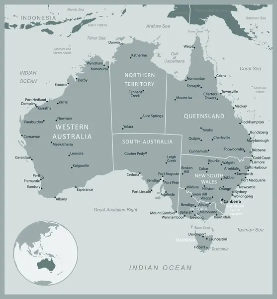オーストラリア 行政区分国の詳細な地図 ベクトルイラスト — ストックベクタ