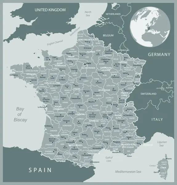 フランス 行政区分国の詳細な地図 ベクトルイラスト — ストックベクタ