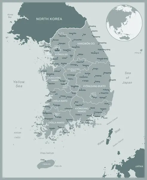 Νότια Κορέα Λεπτομερής Χάρτης Διοικητικές Διαιρέσεις Της Χώρας Εικονογράφηση Διανύσματος — Διανυσματικό Αρχείο