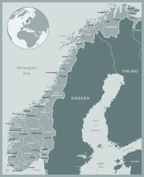 Norvège Carte Détaillée Avec Pays Des Divisions Administratives Illustration Vectorielle — Image vectorielle