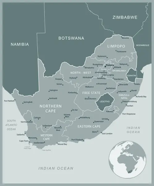 Νότια Αφρική Λεπτομερής Χάρτης Τις Διοικητικές Διαιρέσεις Της Χώρας Εικονογράφηση — Διανυσματικό Αρχείο