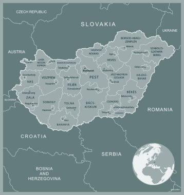 Macaristan - idari bölümler ülkesinin detaylı haritası. Vektör illüstrasyonu