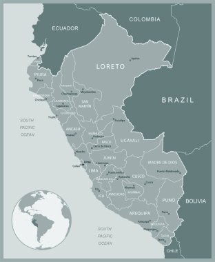 Peru - idari bölümler ülkesinin detaylı haritası. Vektör illüstrasyonu