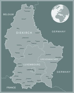 Lüksemburg - idari bölümler ülkesinin detaylı haritası. Vektör illüstrasyonu