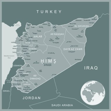 Suriye - idari bölümler ülkesinin detaylı haritası. Vektör illüstrasyonu