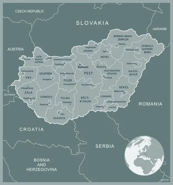 Ουγγαρία Λεπτομερής Χάρτης Τις Διοικητικές Διαιρέσεις Της Χώρας Εικονογράφηση Διανύσματος — Διανυσματικό Αρχείο