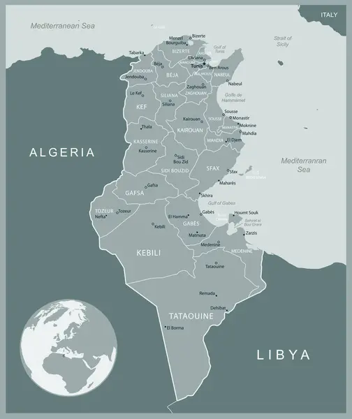Tunisie Carte Détaillée Avec Divisions Administratives Pays Illustration Vectorielle — Image vectorielle