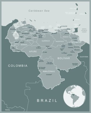 Venezuela - idari bölümler ülkesinin detaylı haritası. Vektör illüstrasyonu