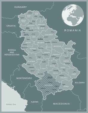 Sırbistan - idari bölümler ülkesinin ayrıntılı haritası. Vektör illüstrasyonu