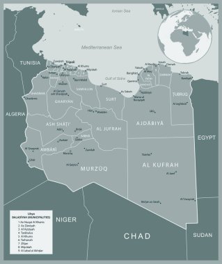 Libya - idari bölümler ülkesinin ayrıntılı haritası. Vektör illüstrasyonu