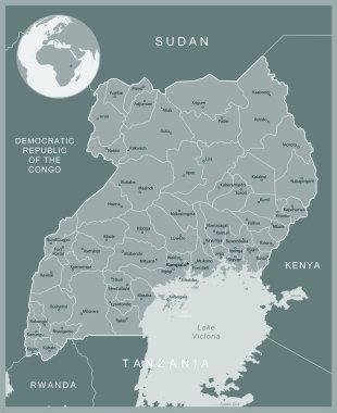 Uganda - idari bölümler ülkesinin detaylı haritası. Vektör illüstrasyonu