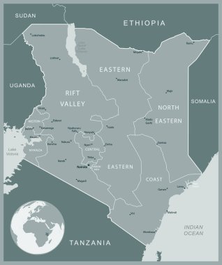 Kenya - idari bölümler ülkesinin detaylı haritası. Vektör illüstrasyonu