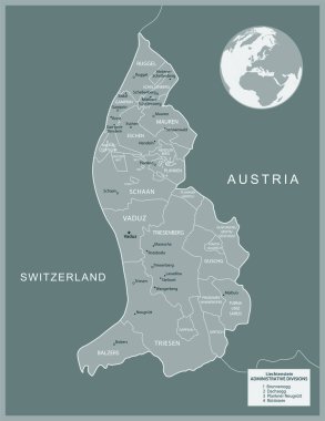 Lihtenştayn - idari bölümler ülkesinin detaylı haritası. Vektör illüstrasyonu