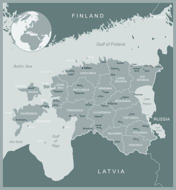 Estonya - idari bölümler ülkesinin detaylı haritası. Vektör illüstrasyonu