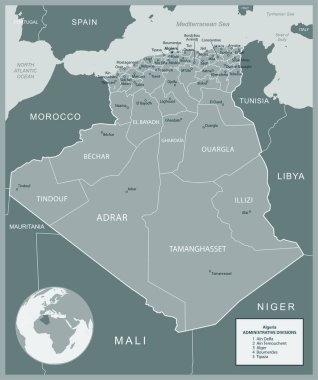 Cezayir - idari bölümler ülkesinin detaylı haritası. Vektör illüstrasyonu