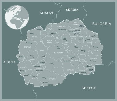Kuzey Makedonya - idari bölümler ülkesinin ayrıntılı haritası. Vektör illüstrasyonu