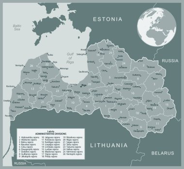 Letonya - idari bölümler ülkesinin detaylı haritası. Vektör illüstrasyonu