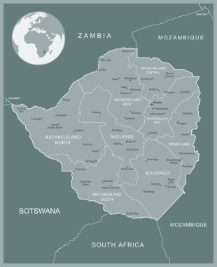 Zimbabwe - idari bölümler ülkesinin detaylı haritası. Vektör illüstrasyonu
