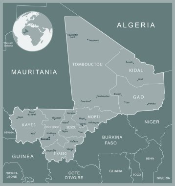 Mali - idari bölümler ülkesinin detaylı haritası. Vektör illüstrasyonu