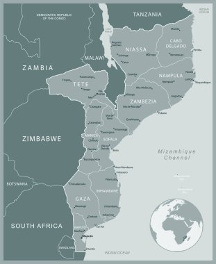 Mozambik - idari bölümler ülkesinin detaylı haritası. Vektör illüstrasyonu