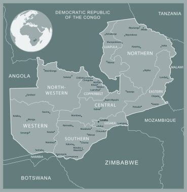 Zambiya - idari bölümler ülkesinin detaylı haritası. Vektör illüstrasyonu
