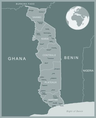 Togo - idari bölümler ülkesinin detaylı haritası. Vektör illüstrasyonu