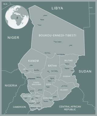 Chad, idari bölümler ülkesinin detaylı haritası. Vektör illüstrasyonu