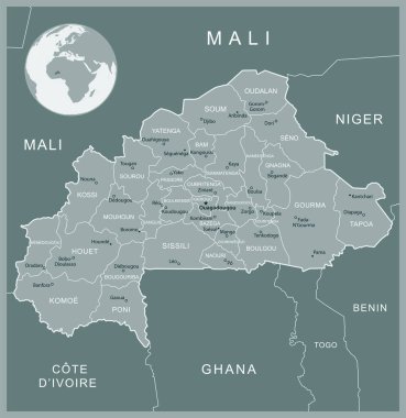 Burkina Faso - idari bölümler ülkesinin detaylı haritası. Vektör illüstrasyonu