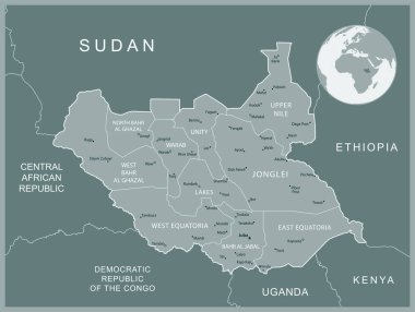 Güney Sudan - idari bölümler ülkesinin detaylı haritası. Vektör illüstrasyonu