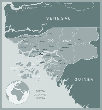 Gine-Bissau - idari bölümler ülkesinin detaylı haritası. Vektör illüstrasyonu