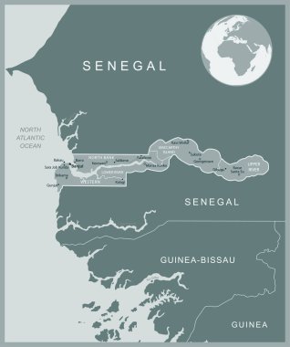 Gambiya - idari bölümler ülkesinin detaylı haritası. Vektör illüstrasyonu