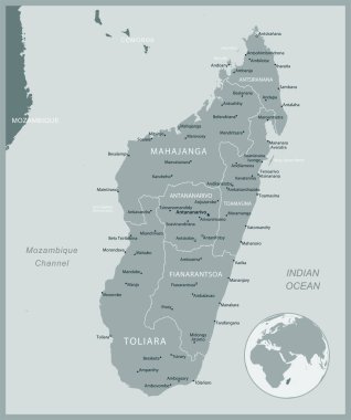 Madagaskar - idari bölümler ülkesinin detaylı haritası. Vektör illüstrasyonu