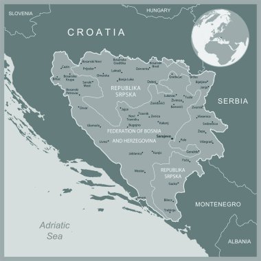 Bosna-Hersek - idari bölümler ülkesinin ayrıntılı haritası. Vektör illüstrasyonu