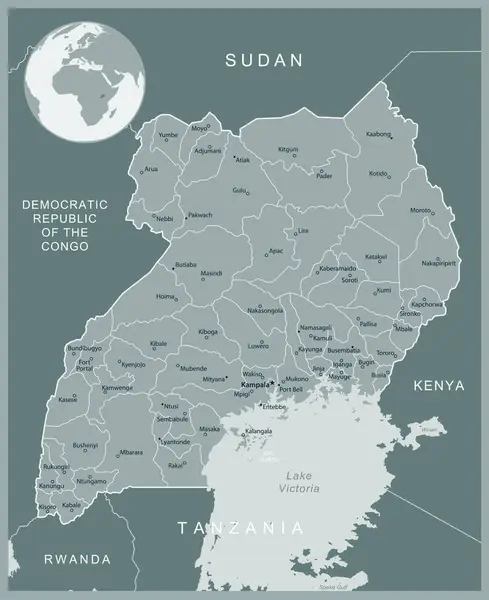 Ουγκάντα Λεπτομερής Χάρτης Τις Διοικητικές Περιφέρειες Της Χώρας Εικονογράφηση Διανύσματος — Διανυσματικό Αρχείο
