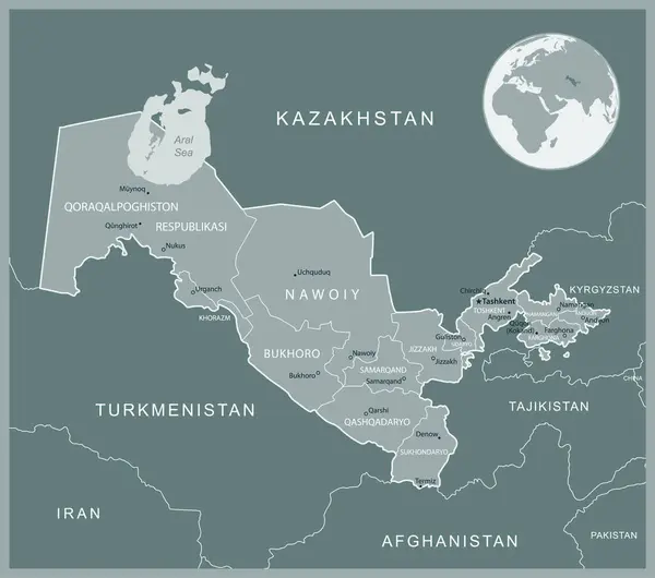 Ουζμπεκιστάν Λεπτομερής Χάρτης Διοικητικές Διαιρέσεις Χώρα Εικονογράφηση Διανύσματος — Διανυσματικό Αρχείο