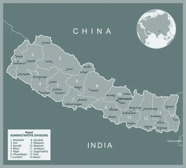 Νεπάλ Λεπτομερής Χάρτης Διοικητικές Διαιρέσεις Της Χώρας Εικονογράφηση Διανύσματος — Διανυσματικό Αρχείο