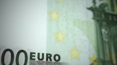 Avrupa Birliği 'nin 100 avroluk banknotuna yakın çekim. Yüz avroluk banknotun detaylı makro dokusunun kaydırma görüntüsü. Banknotun bir kısmının ayrıntılı görünümü.