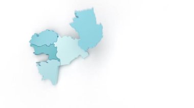 Map of Kazakhstan in blue-green colors, top view. Formed by separate areas falling from top to bottom against a white background.