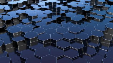 Kaotik siyah altıgenlerin soyut arka planı. Bal peteği biçiminde soyut arkaplan.